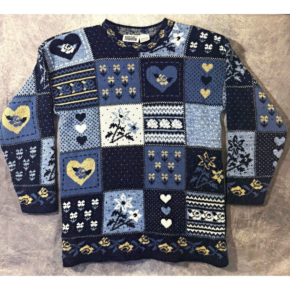 Vintage Basic Editions Women’s S Blue Patchwork Heart Floral Knit Sweater